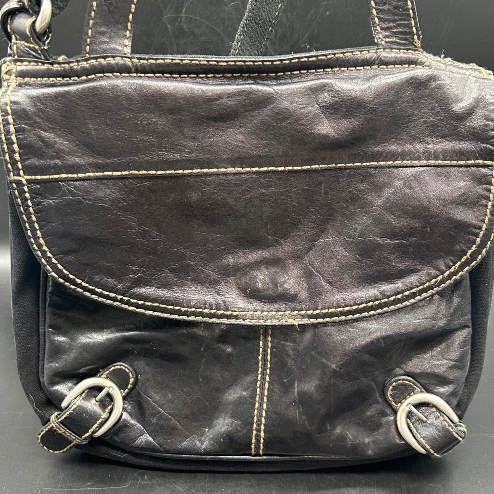 Fossil Vintage‎ Black Leather Canvas Crossbody Bag Messenger Tote
